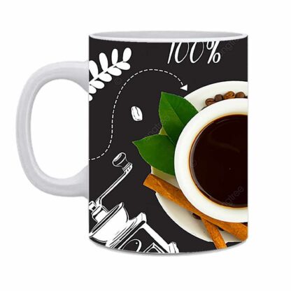 View from above of Coffee And Coffee Leaf Printed Ceramic White Coffee Mug - Image 3