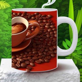 Cup Of Coffee With Beans Designed Printed White Ceramic Mug - 325 ml