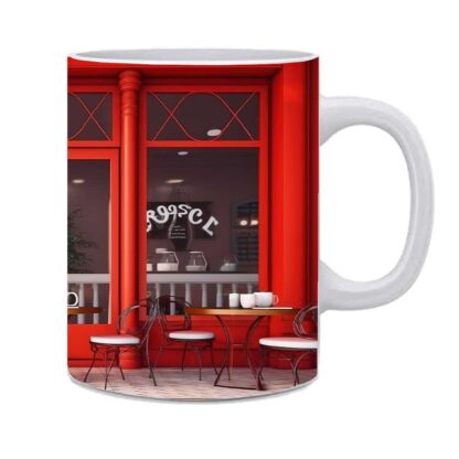 Red Background Designed Printed Ceramic Mug - 325ml - Image 2