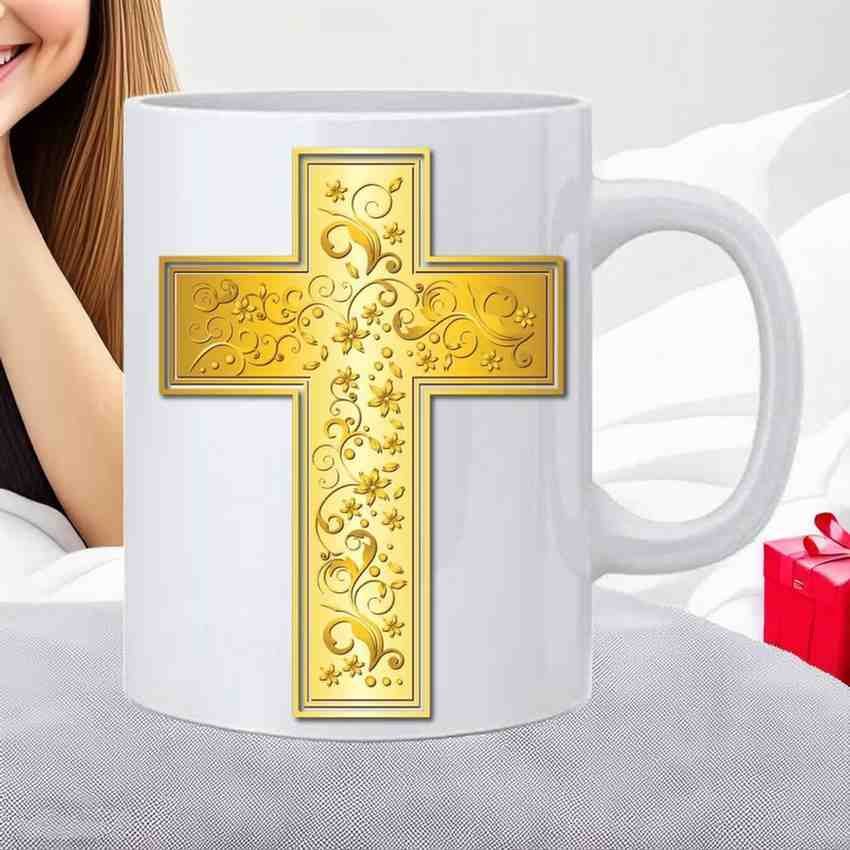 Golden Cross Printed Ceramic Coffee Mug, White Beautiful Tea Milk Cup - 350 ml - Image 2