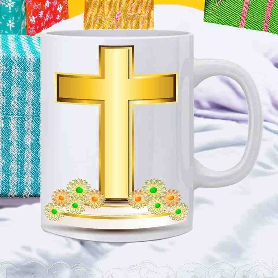 Gold Christian Cross Printed Ceramic White Coffee Mug Cup - 350 ml - Image 2
