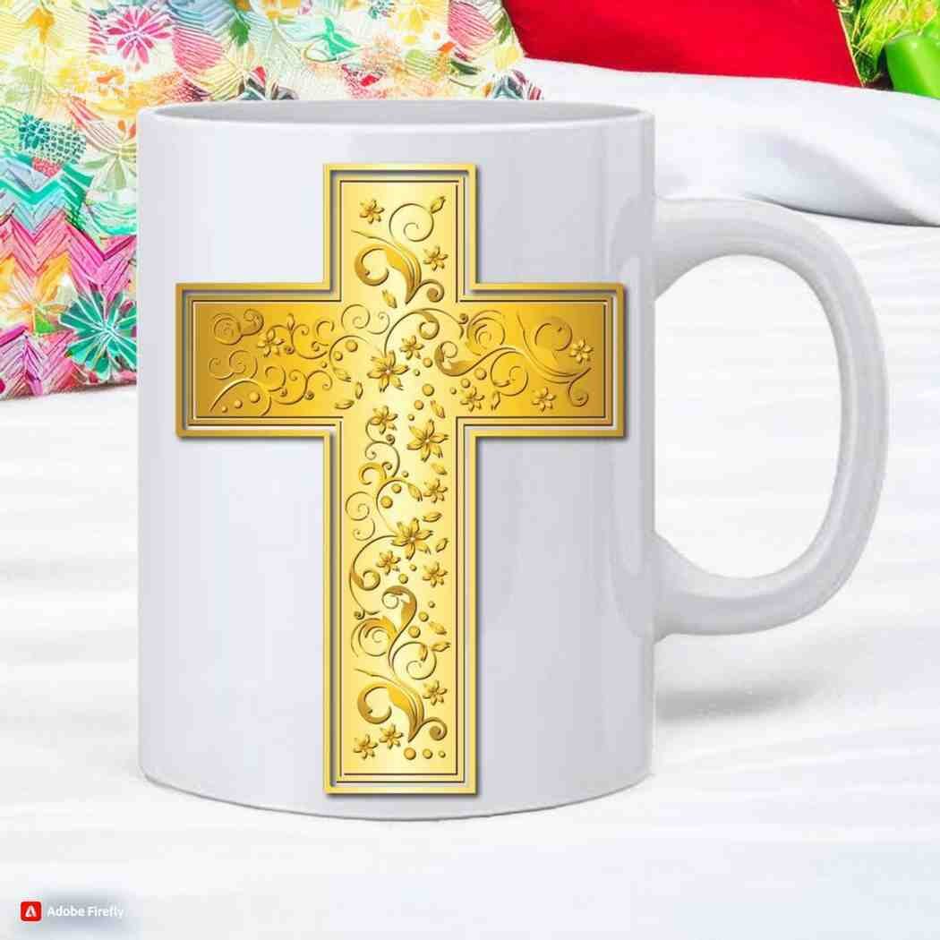 Golden Cross Printed Ceramic Coffee Mug, White Beautiful Tea Milk Cup - 350 ml - Image 3