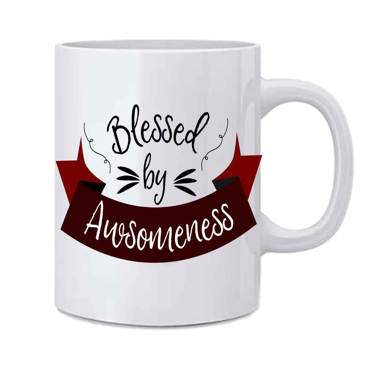 Ceramic White Blessed By Awsomeness Printed Ceramic Coffee Mug With Handle - 350 ml - Image 2
