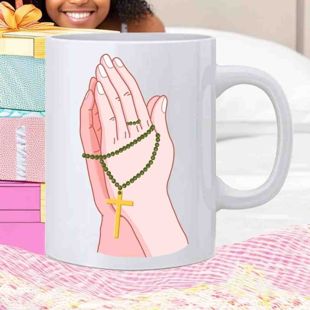 Hands in Prayer With Rosary Printed White Ceramic Coffee Cup Mug - 350 ml - Image 2