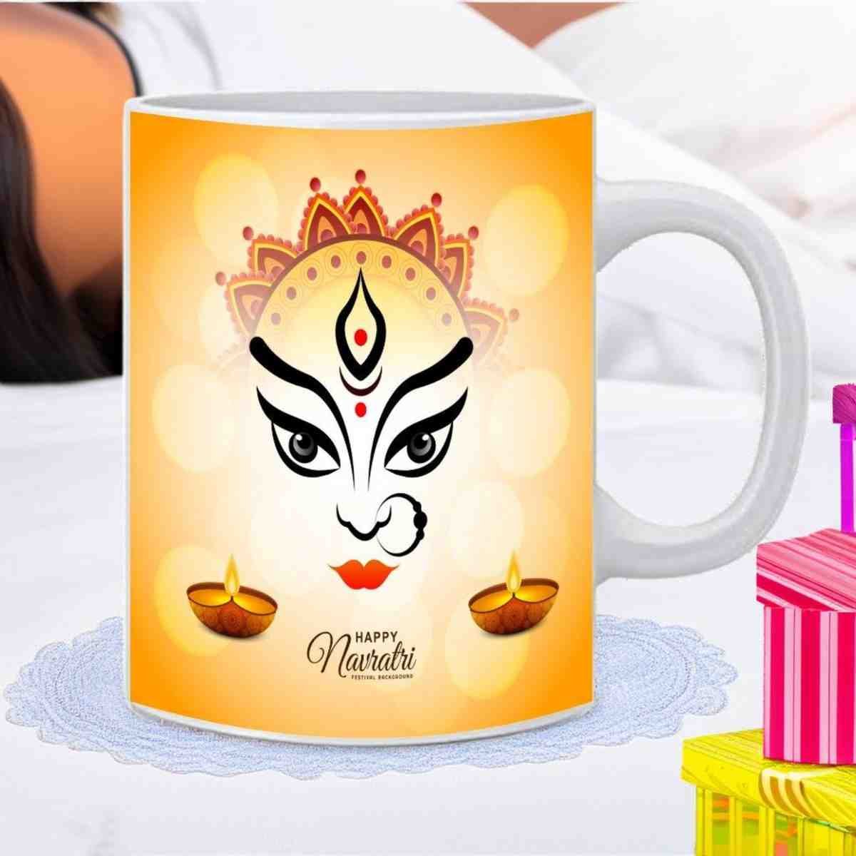 Ceramic Happy Navratri Printed White Beautiful Coffee Mug Cup- - 350 ml - Image 2