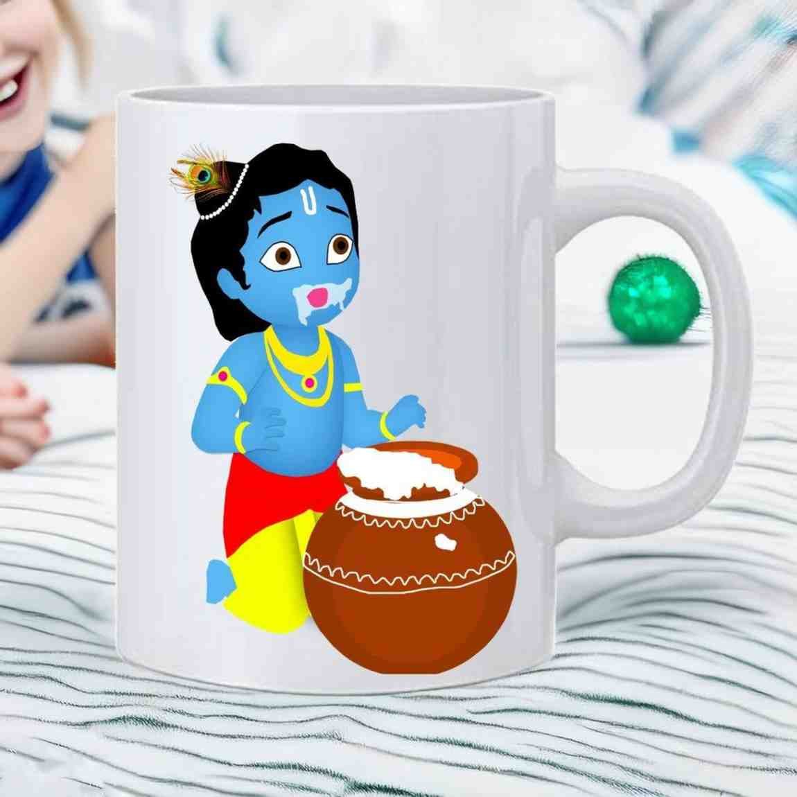 Krishna Design With Makhan Pot Printed Ceramic Tea Milk Coffee Mug Cup - 350 ml - Image 2